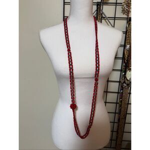 Long Red & Turquoise Glass Bead Necklace with Knotted Accents Unique